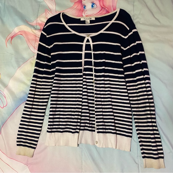 Forever 21 Sweaters - Forever 21 Dark Navy blue striped cardigan vtg GUC y2k